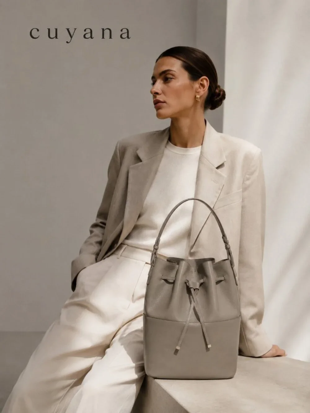 Cuyana Gray Saffiano Leather Bucket Bag Drawstring Shoulder Tote